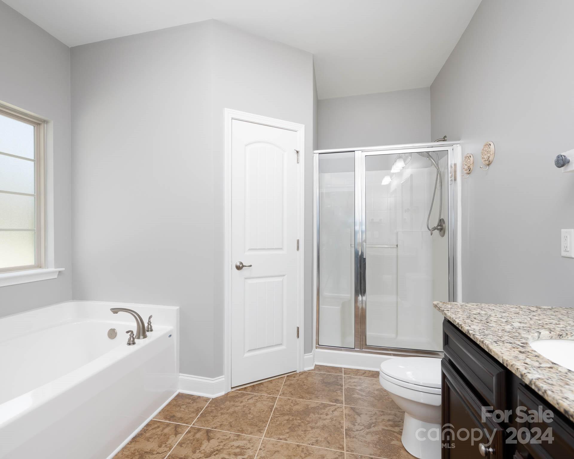 706 Houston Road Troutman, NC 28166 - Photo 19 of 39 a spacious bathroom with a granite countertop tub a sink and a shower