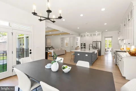 a open dining room with furniture wooden floor and kitchen view
