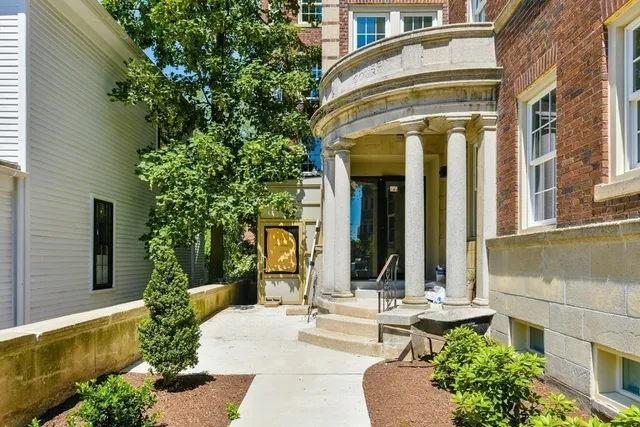 a view of a building with potted plants