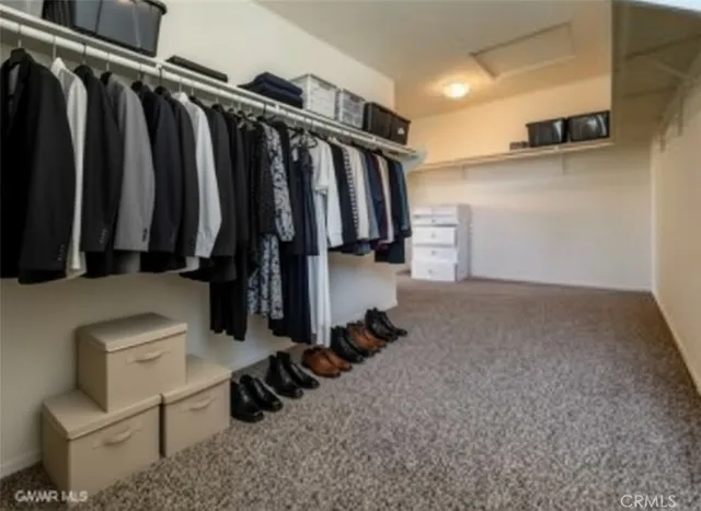 a view of walk in closet with clothes and shoes