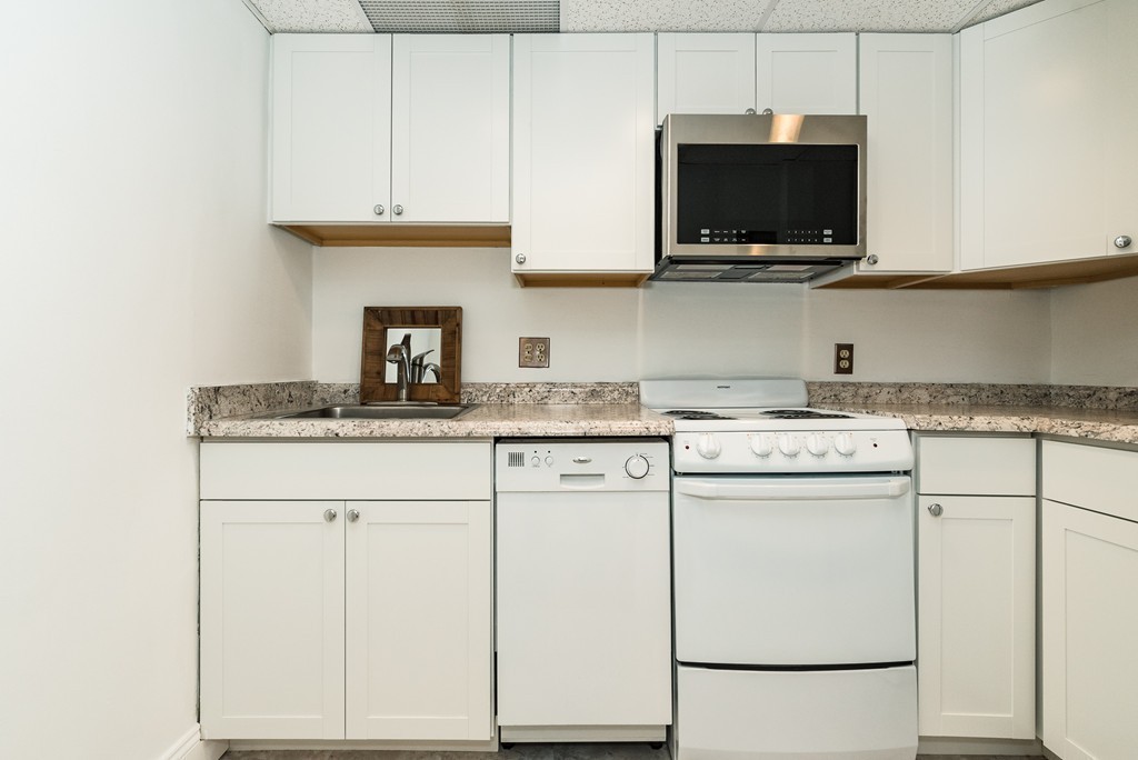 464 Commonwealth Avenue, Unit 38 Boston, MA 02215 - Photo 9 of 16 a kitchen with granite countertop white cabinets stainless steel appliances and a sink