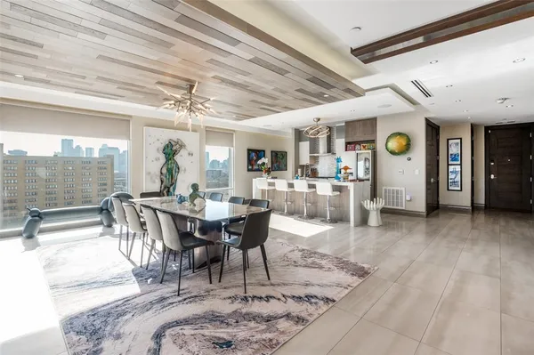 a view of a dining room with furniture