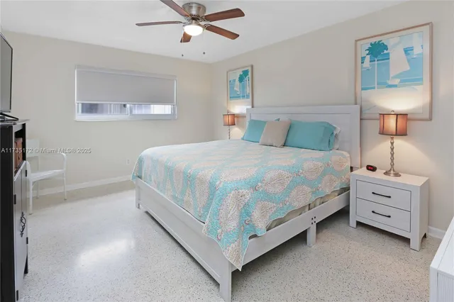 a bedroom with a bed and a lamp on the dresser