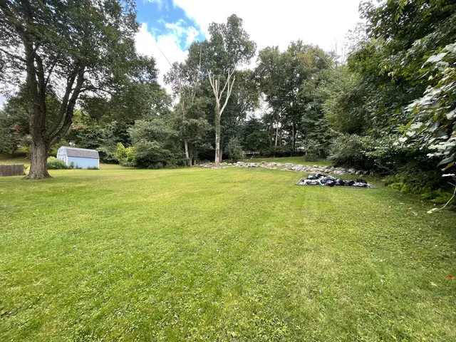 a view of a house with backyard and a tree