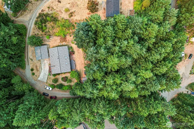an aerial view of a house with a yard and trees all around