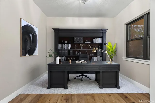 a view of a workspace room with wooden floor and furniture