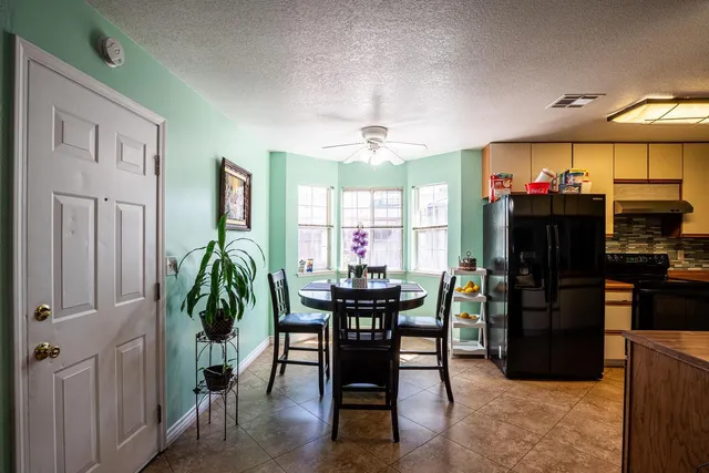 a view of a dining room with furniture window and outside view