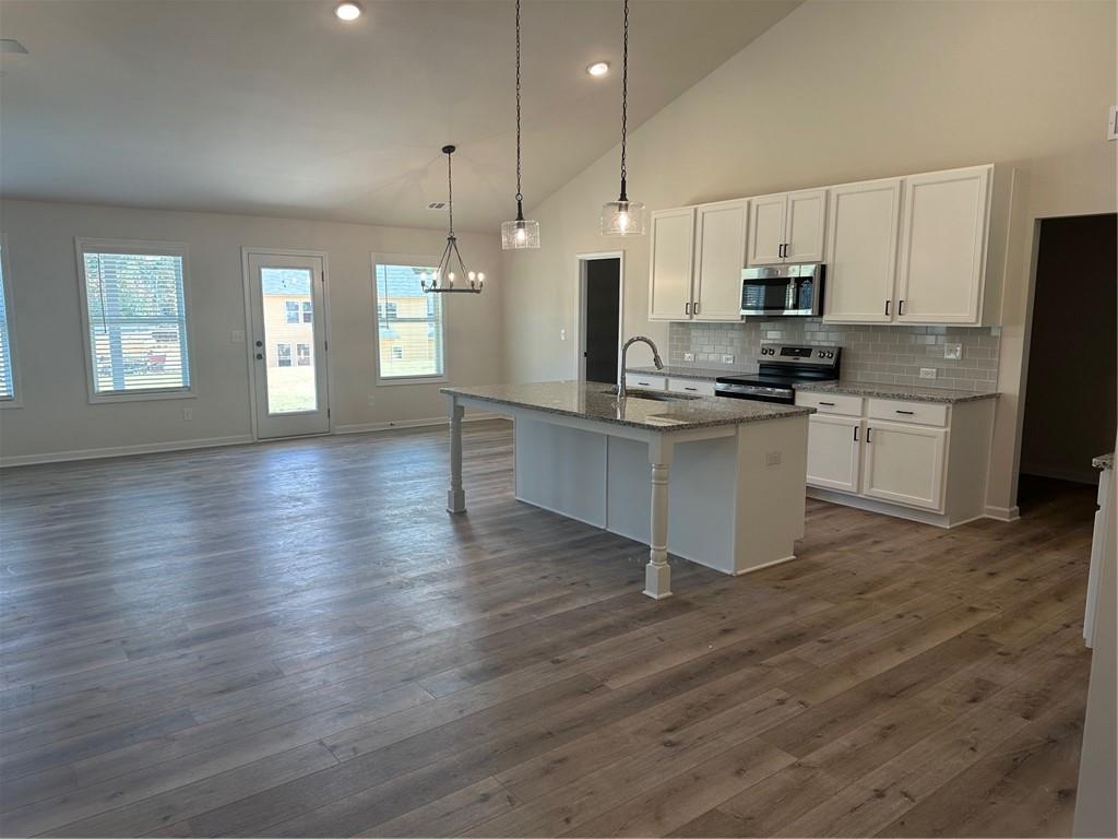315 Rodeo Drive Auburn, GA 30011 - Photo 3 of 33 a kitchen with stainless steel appliances granite countertop a stove a sink a refrigerator and white cabinets with wooden floor