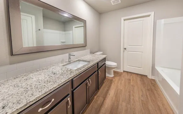 a bathroom with a granite countertop sink and a mirror