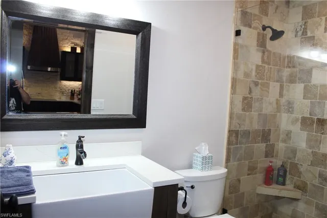 a bathroom with a sink vanity toilet and a mirror