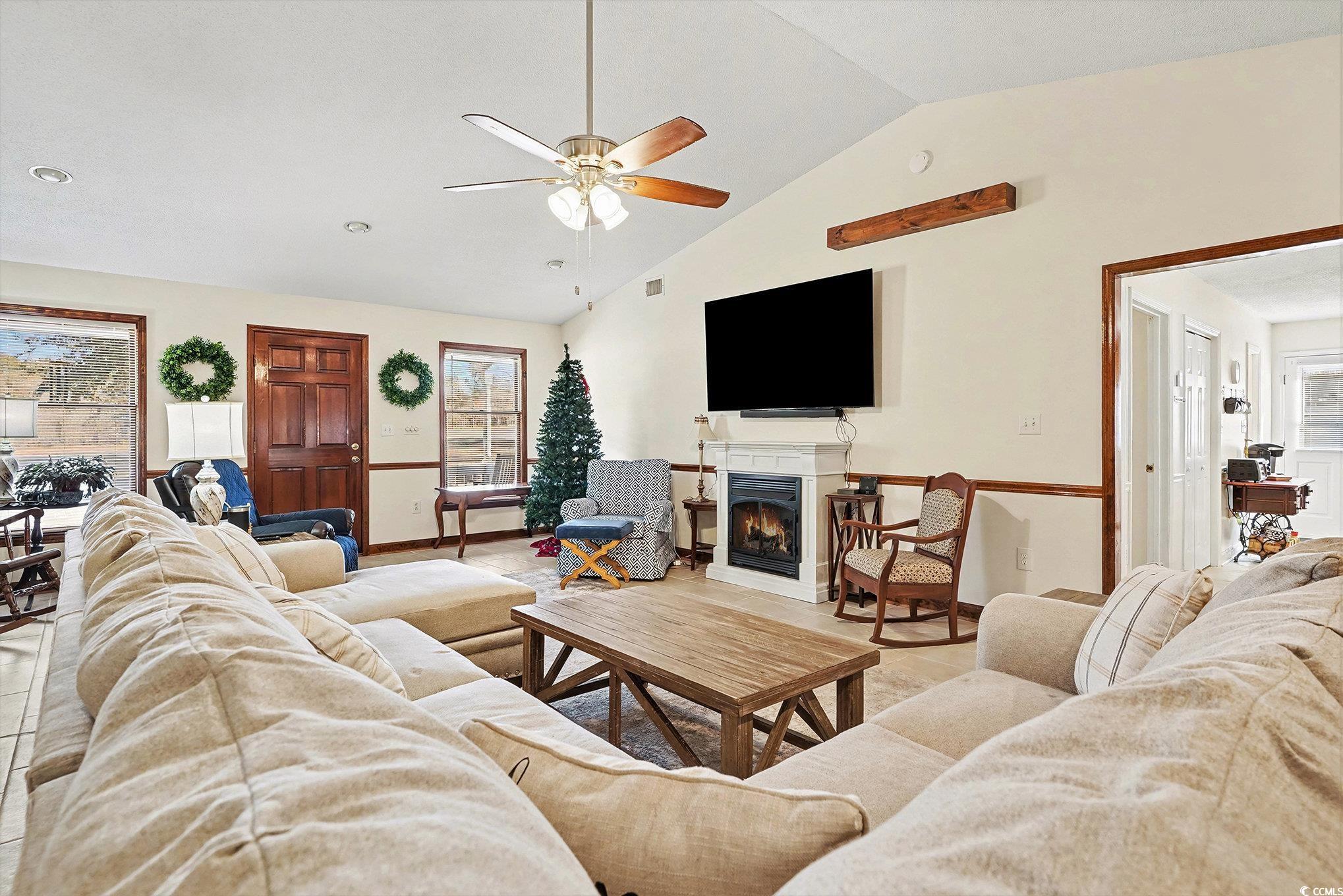 5175 Bottle Branch Road Conway, SC 29527 - Photo 6 of 28 Living room featuring lofted ceiling, ceiling fan, light tile patterned floors, and recessed lighting