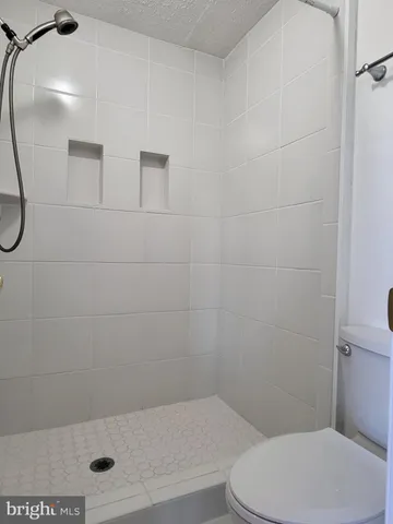 a bathroom with a shower and toilet