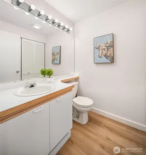 a bathroom with a sink a toilet and mirror