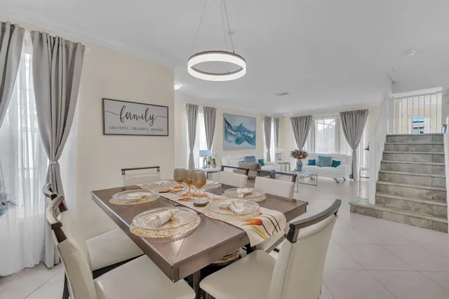 a view of a dining room with furniture window and outside view