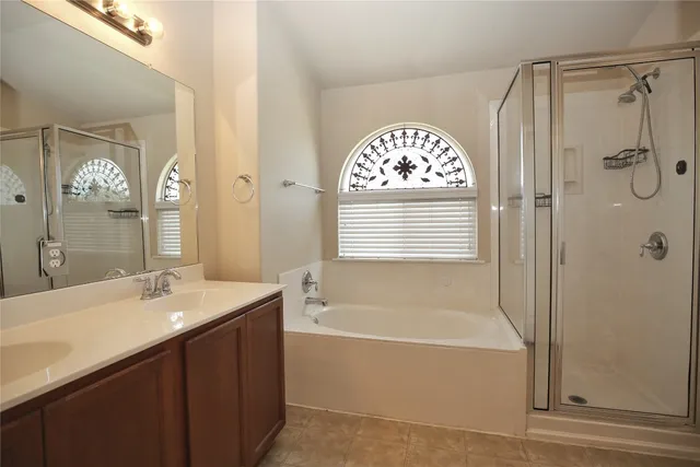 a bathroom with a sink a mirror a bathtub and a shower