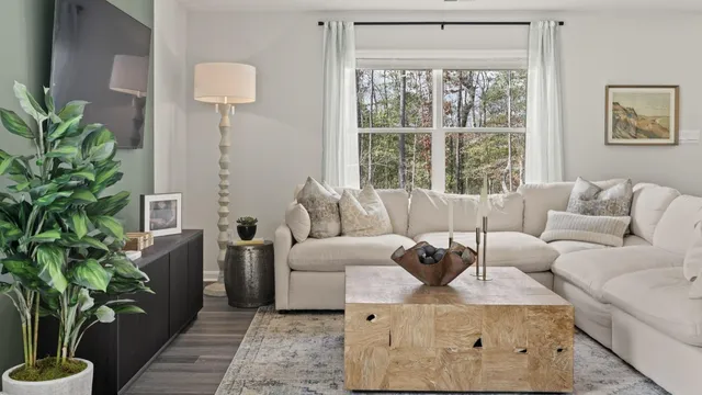 a living room with furniture a potted plant and a large window