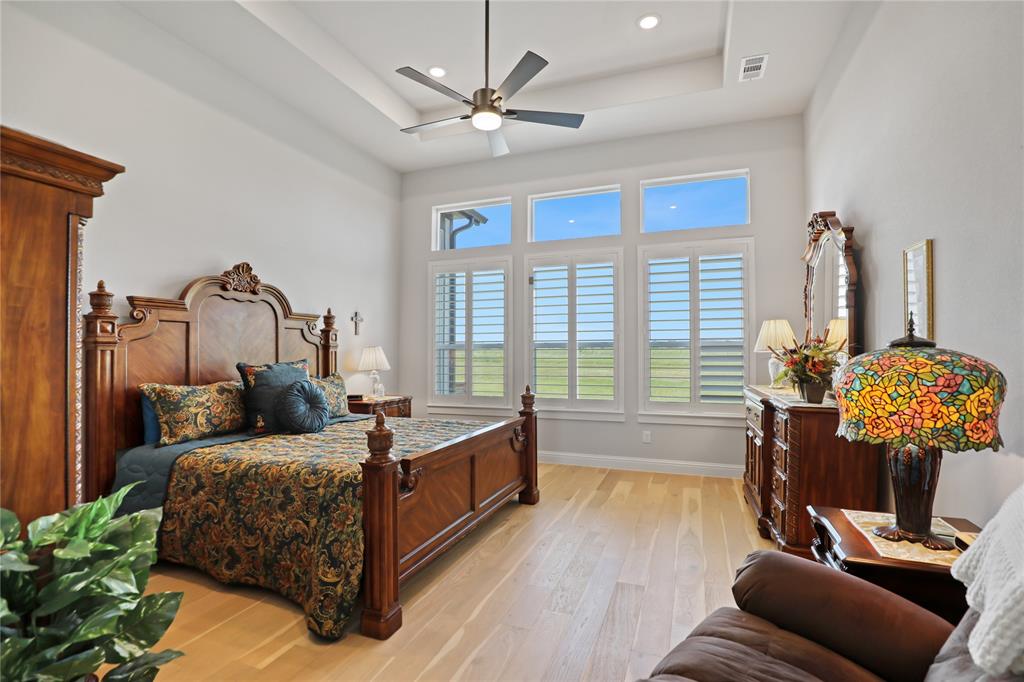 801 Lexington Lane Nevada, TX 75173 - Photo 13 of 40 Bedroom with a tray ceiling, light wood finished floors, ceiling fan, and recessed lighting