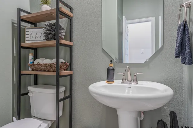 a bathroom with a sink a toilet and mirror