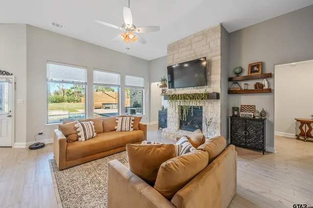 a living room with furniture fireplace and a flat screen tv