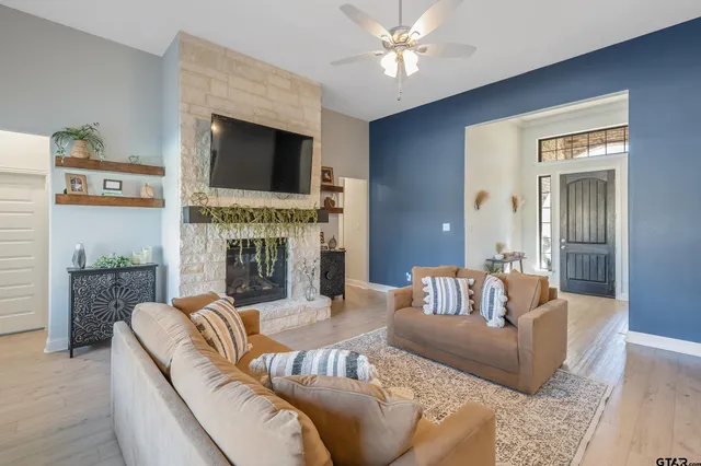 a living room with furniture fireplace and flat screen tv