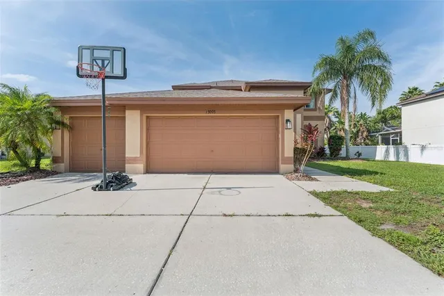 a white house with palm tree in front of it
