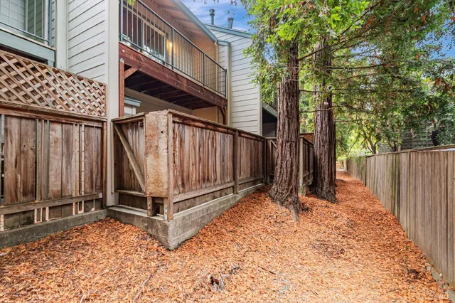 a view of a backyard with wooden fence and a large tree
