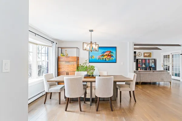 a view of a dining room with furniture window and wooden floor
