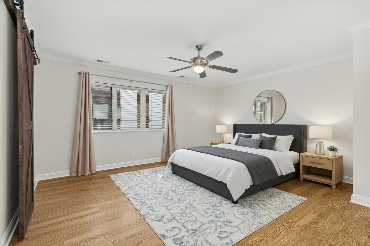 7610 West 26th Street, Unit 6 North Riverside, IL 60546 - Photo 11 of 21 a spacious bedroom with a large bed and a chandelier