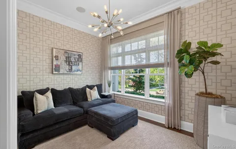 a living room with furniture and a potted plant