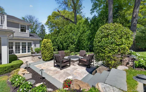 a view of backyard with outdoor seating and green space