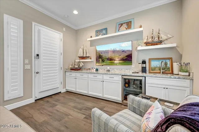 an aerial view of a house with a garden