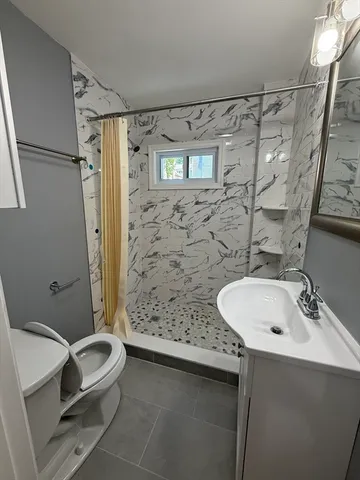 a bathroom with a sink a toilet and shower
