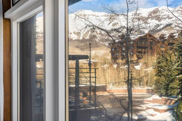 a view of a window and a tree