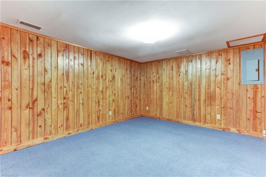 761 Hudson Road Summerfield, NC 27358 - Photo 21 of 28 Flexible room in the Basement for Office, Exercise, Crafting, whatever your needs. Ceiling light, Tongue and Groove wood walls, wall to wall carpeting.