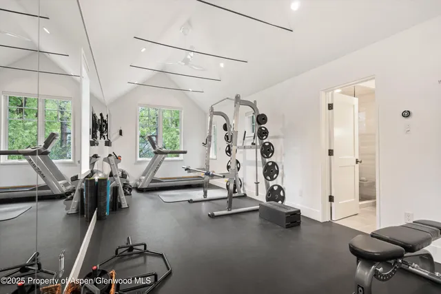 a view of a room with gym equipment