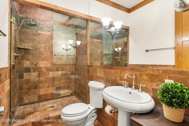 a bathroom with a sink a toilet a mirror and shower