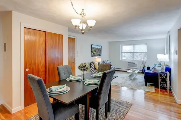 a view of a dining room with furniture window and wooden floor