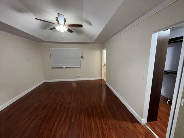 a view of a yard with plants and trees