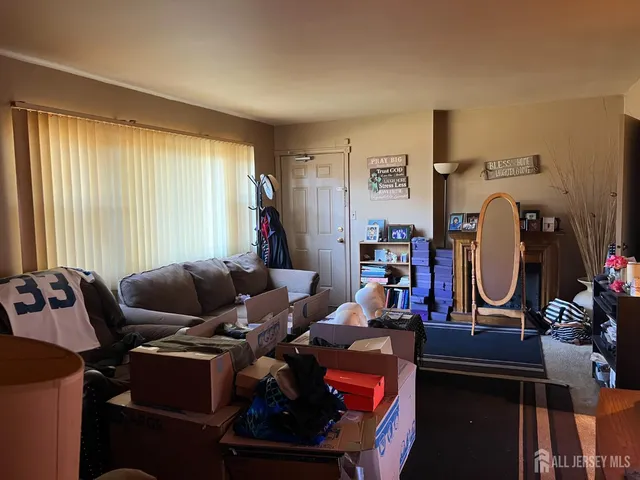 a living room with furniture a rug and a window