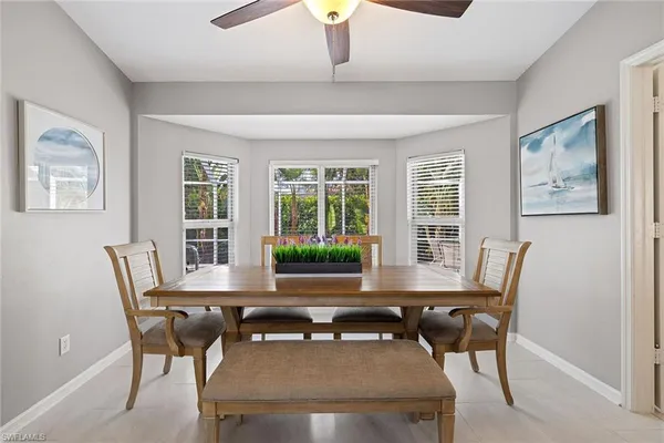 a view of a dining room with furniture window and outside view