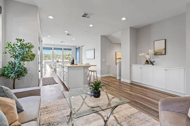 a living room with furniture and potted plant