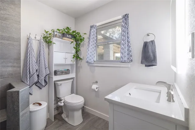 a bathroom with a toilet sink and mirror