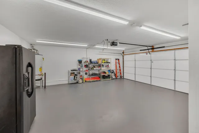a view of a garage with storage