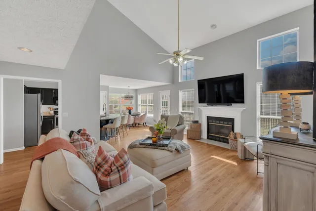 a living room with furniture fireplace and a flat screen tv