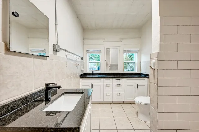 a bathroom with a sink a toilet and mirror