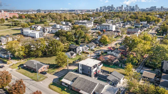 an aerial view of residential houses with city view