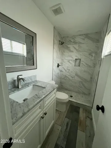 a bathroom with a granite countertop sink toilet and shower