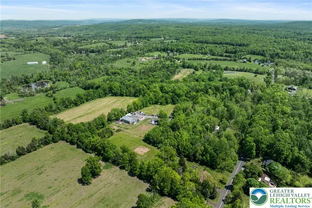 an aerial view of a houses with a lush green hillside