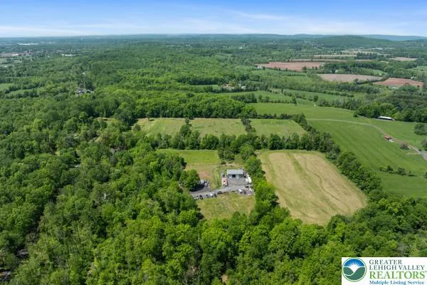 an aerial view of residential houses with outdoor space and trees