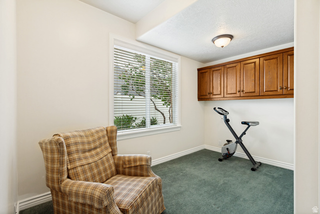 298 North Canyon Road Bountiful, UT 84010 - Photo 38 of 57 Versatile room featuring a large window with blinds, overhead wood cabinetry, green carpet flooring, and a ceiling-mounted light fixture
